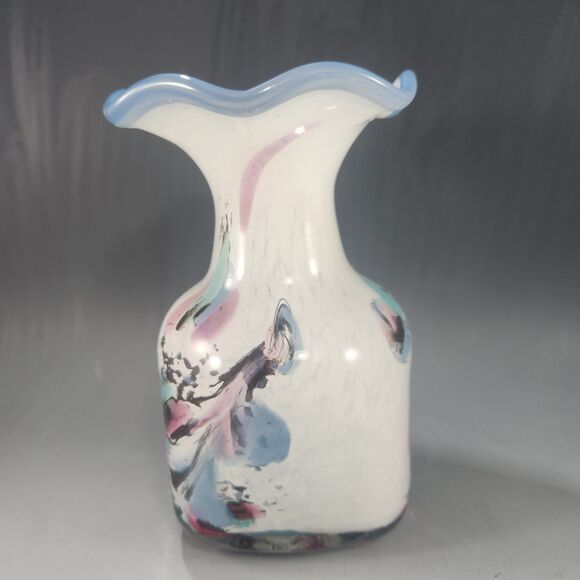 Signed Art Glass Vase Cased Clear Confetti White Swirl Blue Crest Amethyst Pink - Picture 2 of 10